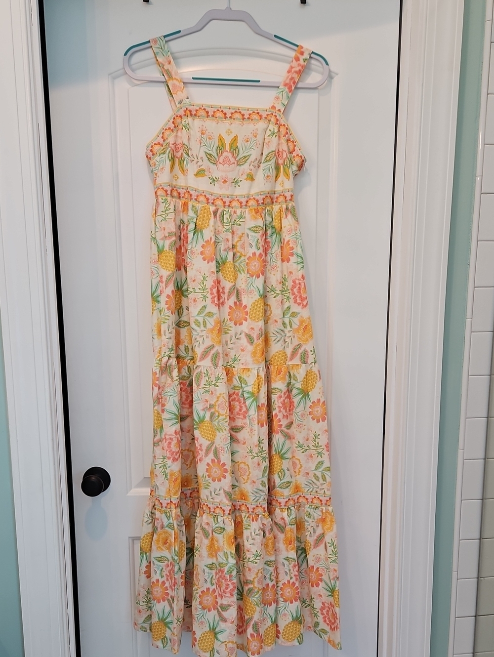 Rachel Zoe Cream Maxi Dress with Peach Floral & Yellow Pineapple Print